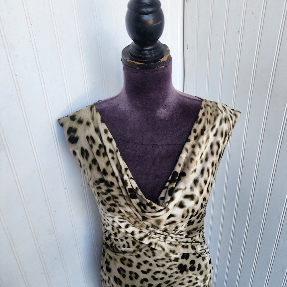 Vince Camuto Leopard Print Sleeveless Ruched Dress Stretch Tan Brown Sz S - Picture 2 of 14